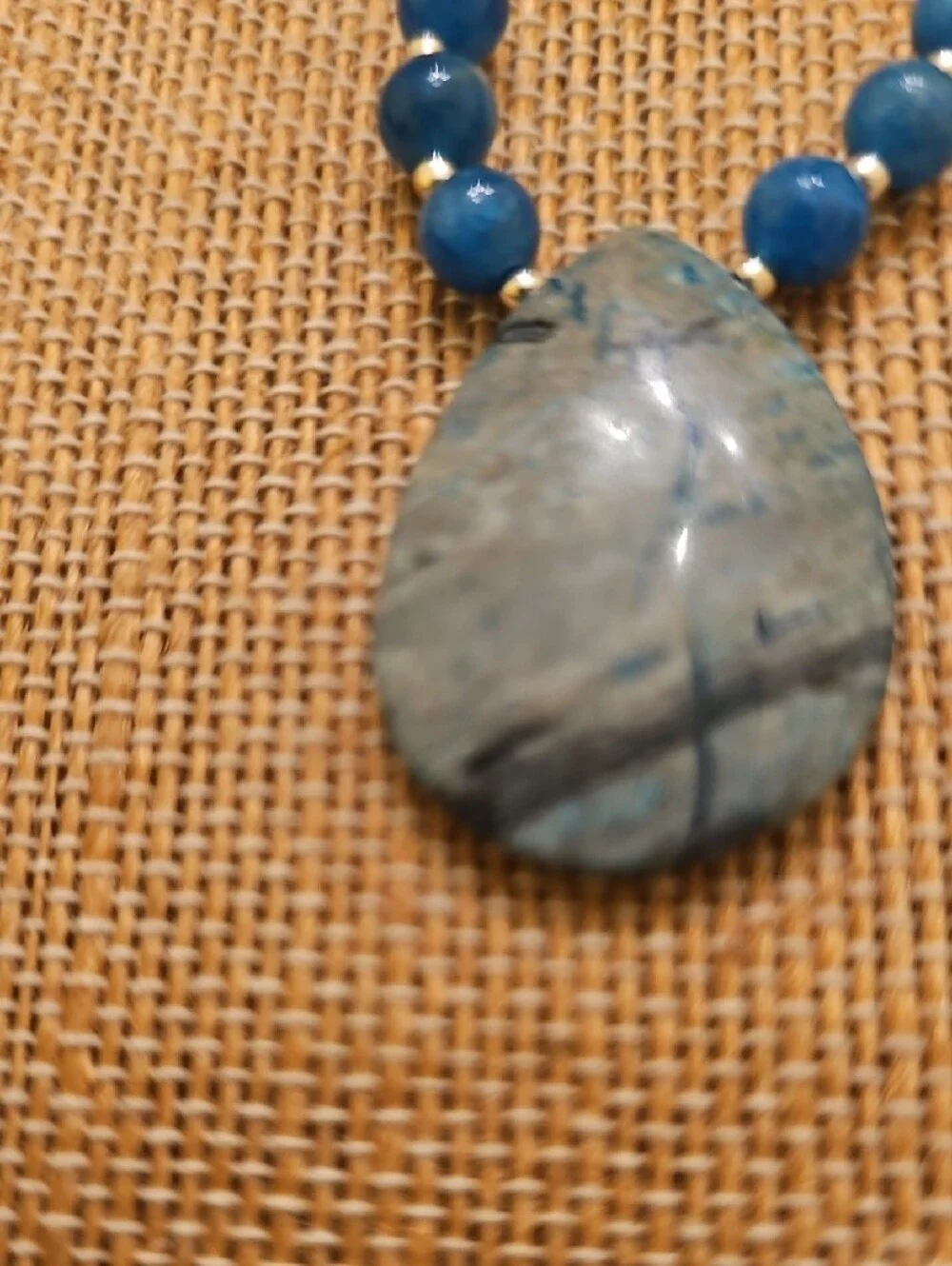 Blue Beaded Necklace with Natural Stone Pendant - Women's Jewelry